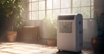 Portable dehumidifier installed in a room